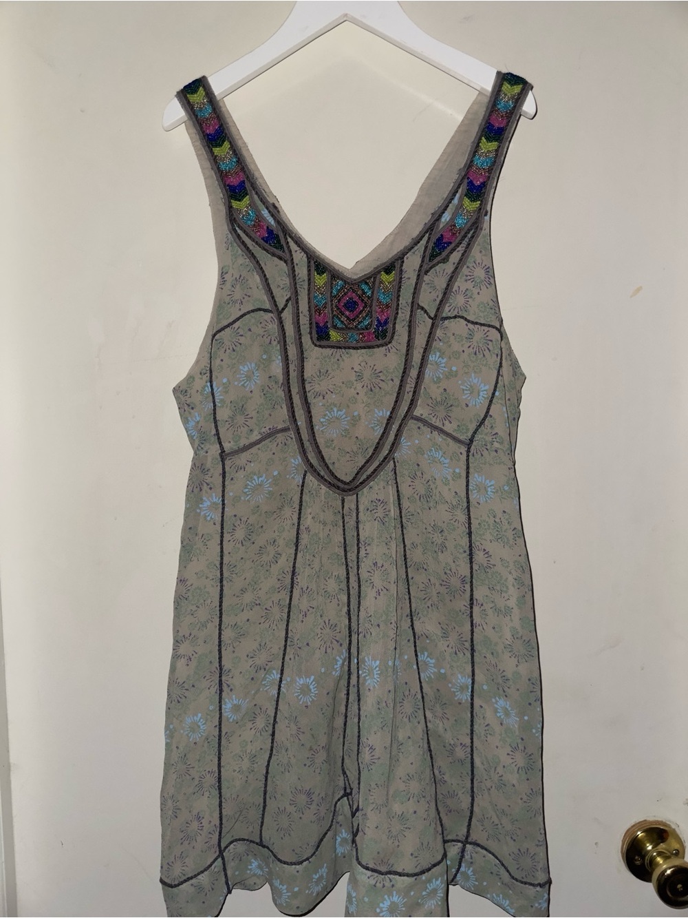 Free People olive green floral embroidered mini dress with multicolor trim